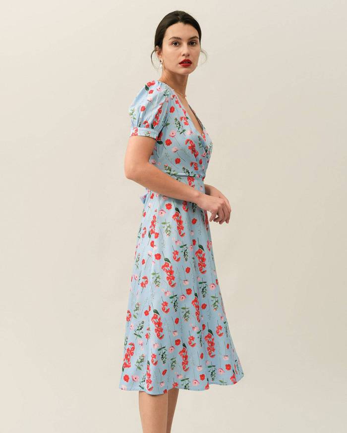 The V Neck Puff Sleeve Floral Midi Dress