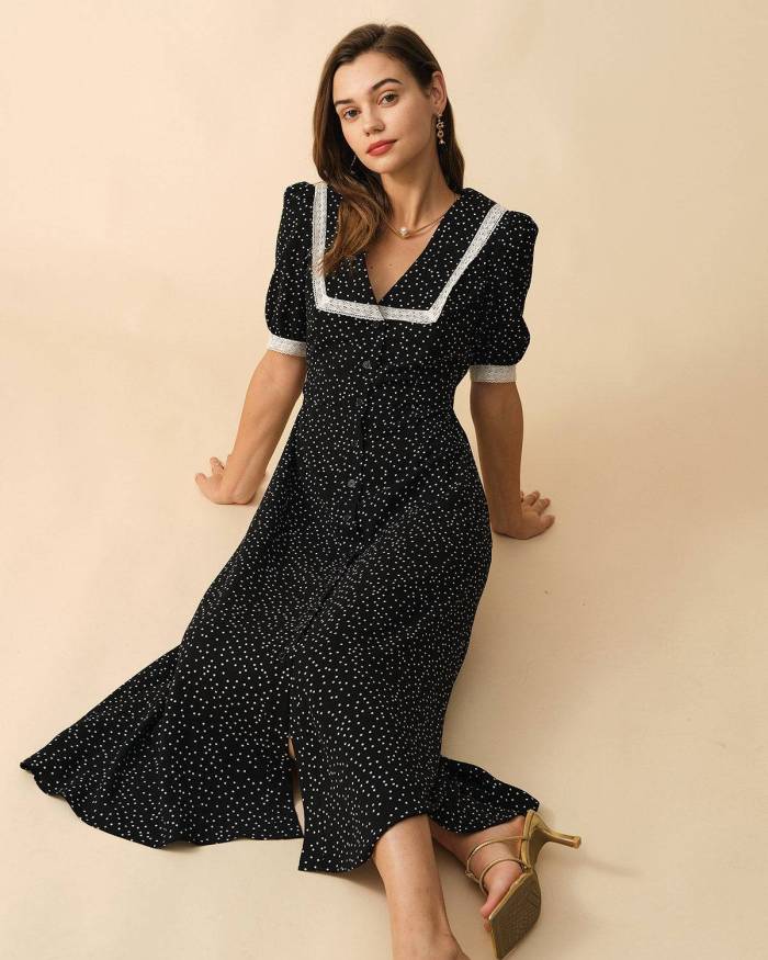 The Polka Dot Lace Trim Midi Dress