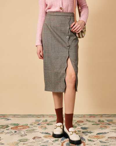 The High Waisted Side Slit Plaid Midi Skirt