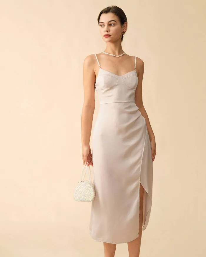 The Ivory Pearl Strap Side Slit Midi Dress