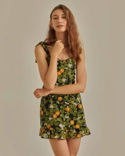 The Green Floral Tie Shoulder Mini Dress