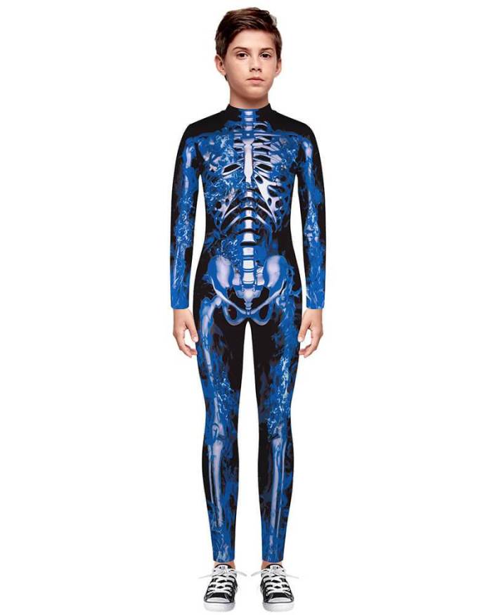 Boys Girls Blue Skeleton Catsuit Kids Halloween Costume