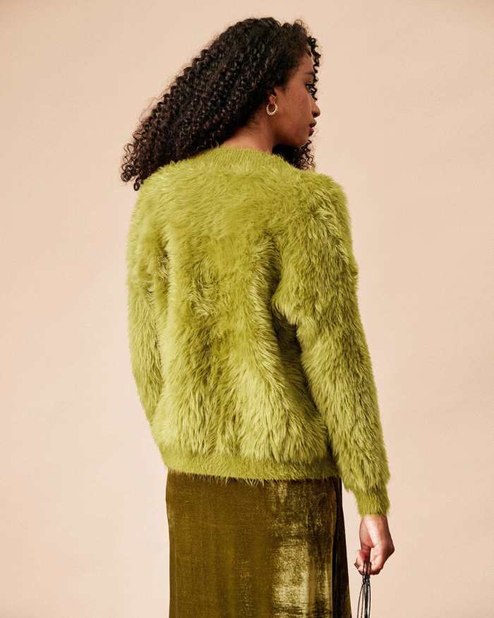The Green V Neck Button Up Fuzzy Cardigan