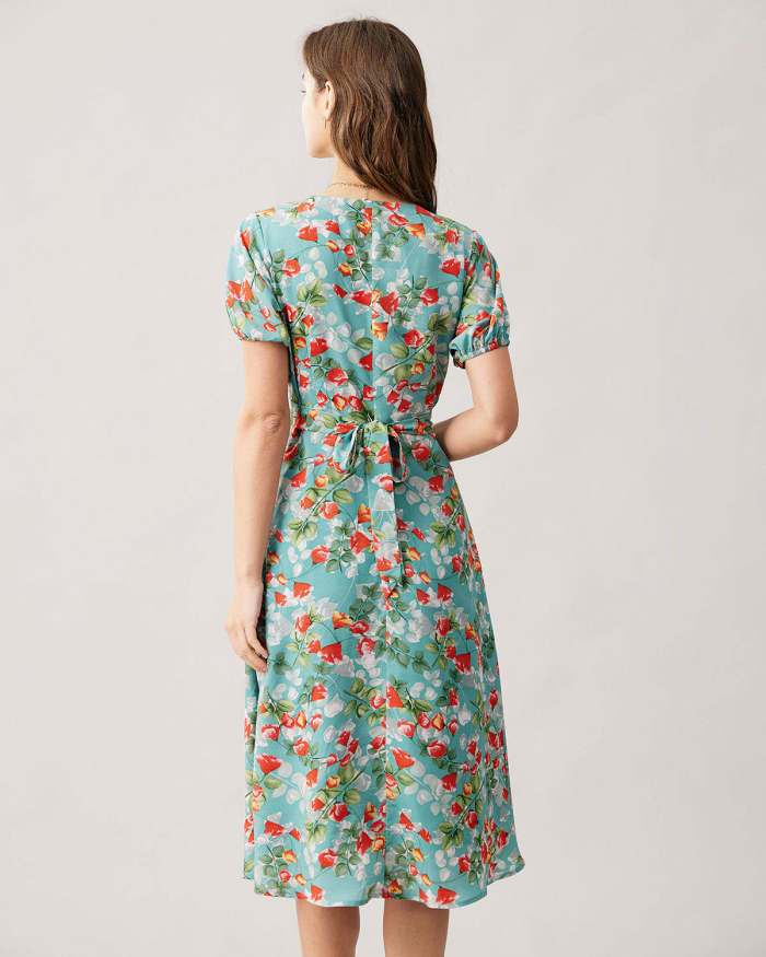 The Green V-Neck Tie Back Floral Midi Dress