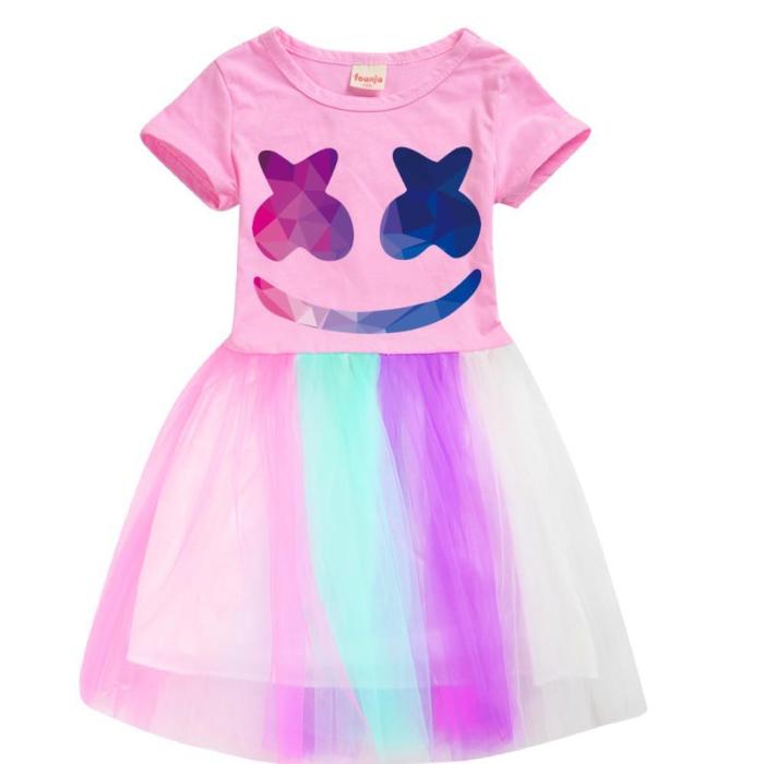 3-9 Years Girls Pink Dj Marshmello Short Sleeve Rainbow Tulle Dress