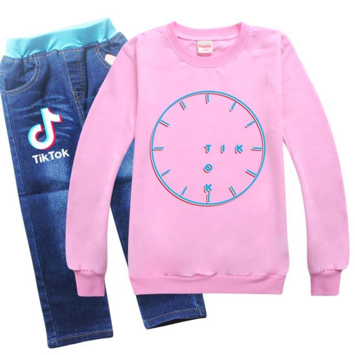 Tiktok Clock Print Girls Boys Pullover Hoodie And Jeans Outfit Set
