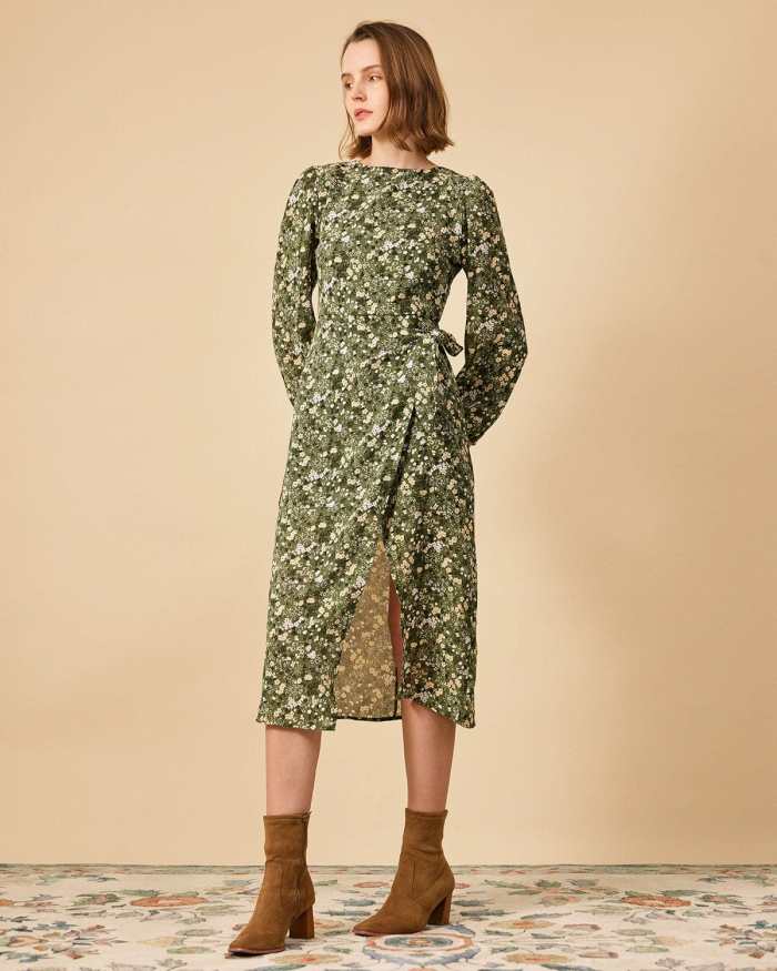 The Round Neck Sheer Long Sleeve Floral Midi Dress