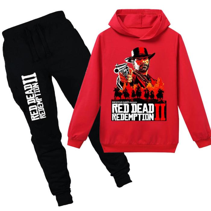 Red Dead Redemption 2 Print Boys Girls Cotton Hoodie N Sweatpants Suit