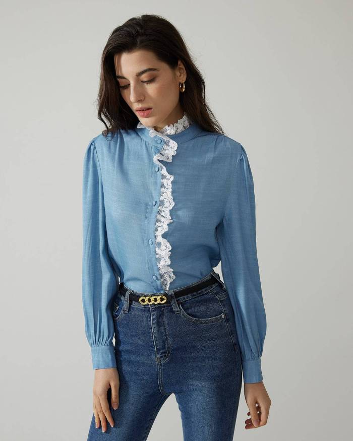 The Lace Spliced Stand Collar Shirt