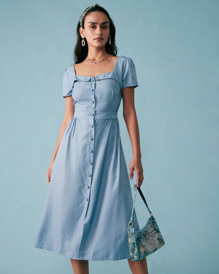 Short Sleeve Plain Elegant Midi Dress