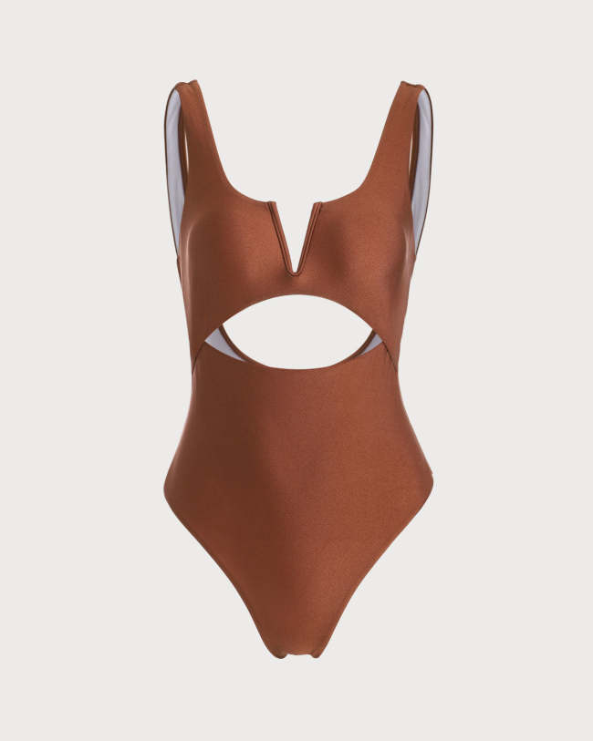 The Coffee V Neck Cutout One-Piece Swimsuit