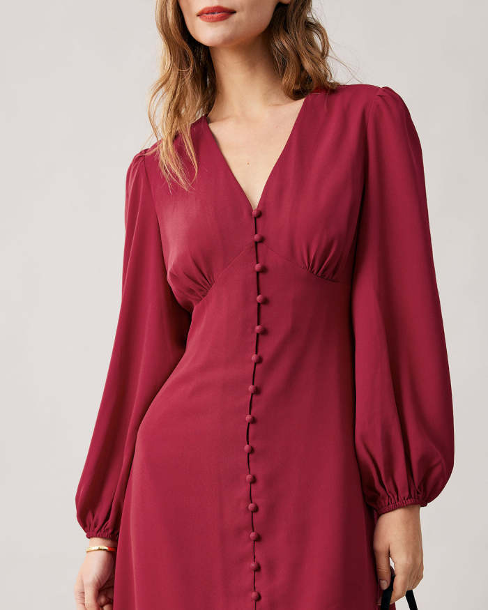 The Red V Neck Single-Breasted Long Sleeve Midi Dress