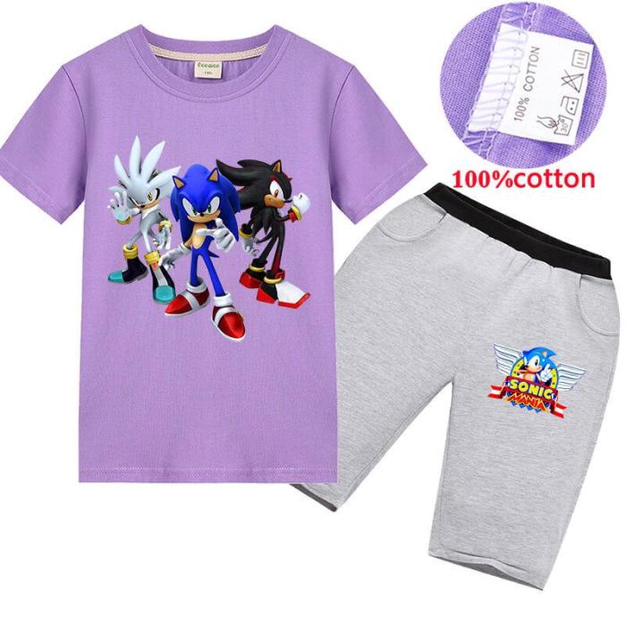 Sonic Mania Print Girls Boys Multi-Color Cotton T Shirt Shorts Outfits