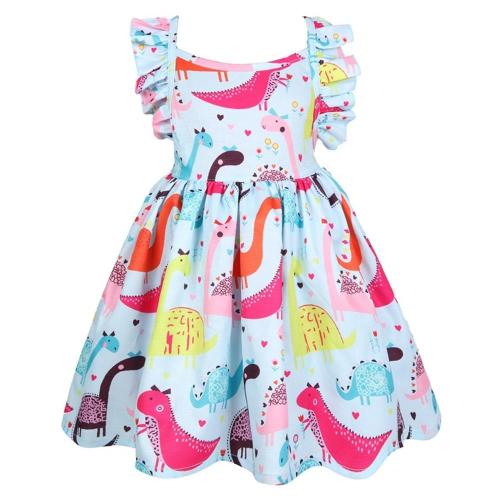 Cute Girls Pink Bowknot Dinosaur Ruffle Shoulder Slip Skater Dress