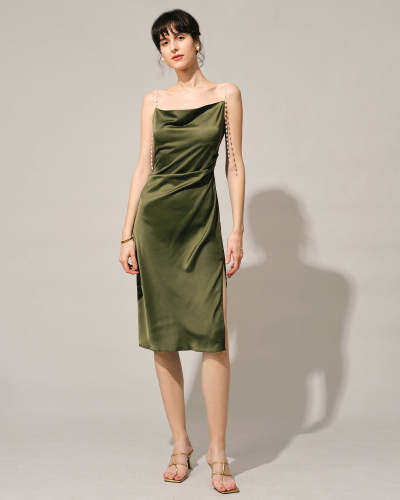 The Green Cowl Neck Pearl Strap Midi Dress