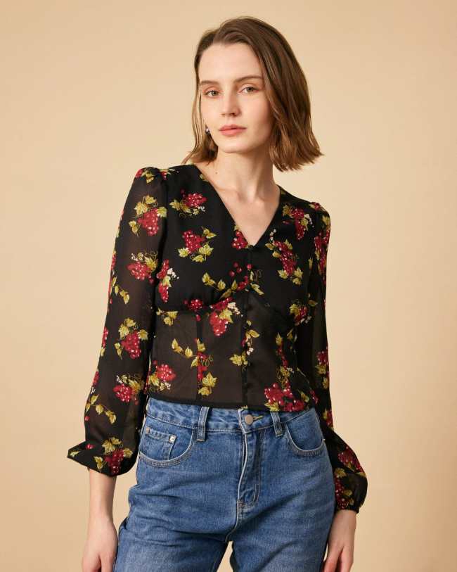 The V Neck See-Through Sleeve Floral Blouse