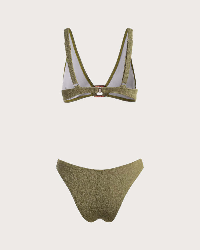 The Army Green V Neck Textured Bikini Set