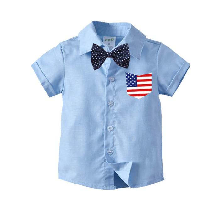 Baby Boys Blue Shirt With American Flag Pocket Ripped Jeans 3Set Suits
