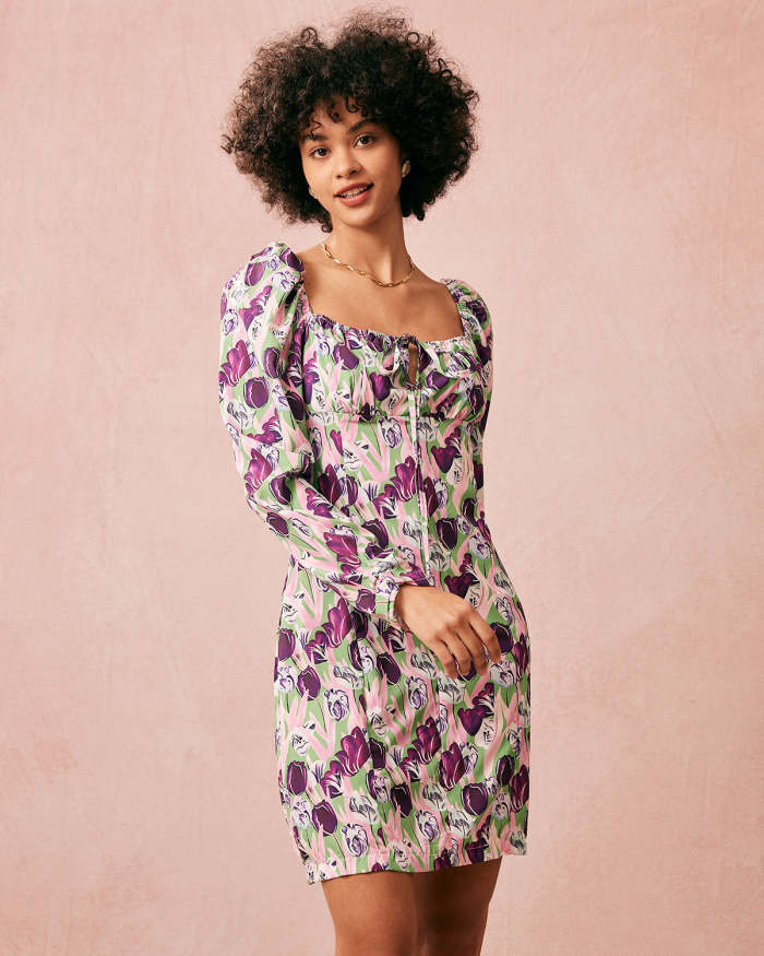 The Purple Square Neck Floral Long Sleeve Mini Dress