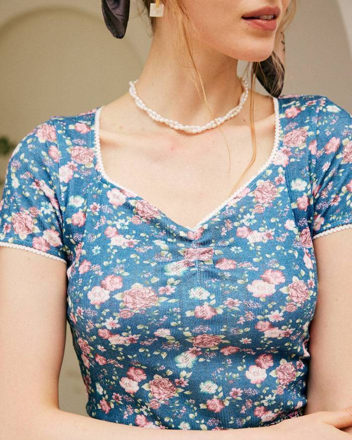 Short Sleeve Square Neck Floral Tee