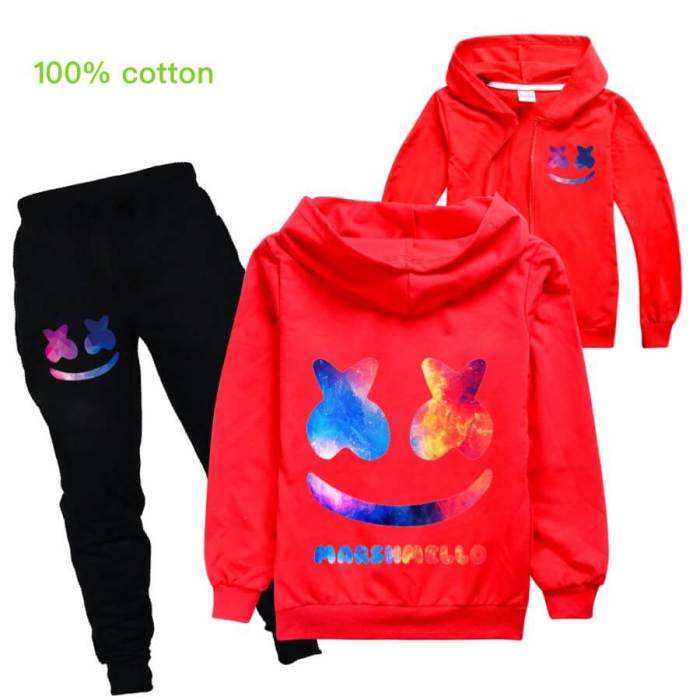 Galaxy Dj Marshmello Print Girls Boys Zip Up Cotton Hoodie Sweatpants