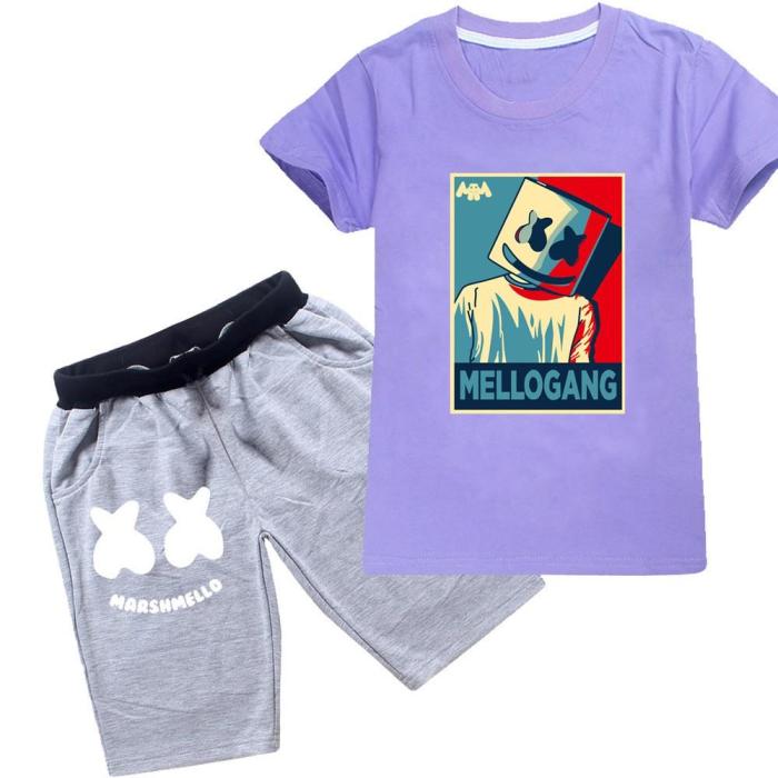 Dj Marshmello Mellogang Print Boys Girls T Shirt And Grey Shorts Suit