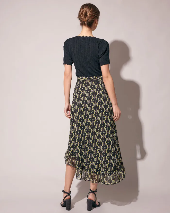 The Black High Waisted Floral Ruffle Wrap Midi Skirt