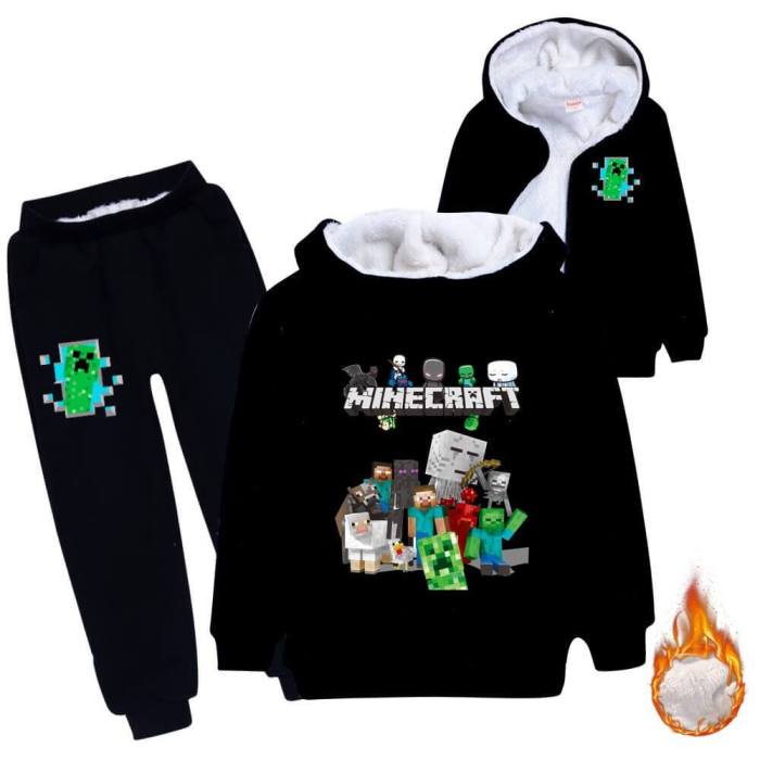 Minecraft Game Print Boys Girls Fleece Lined Hoodie Sweatpants Outfit