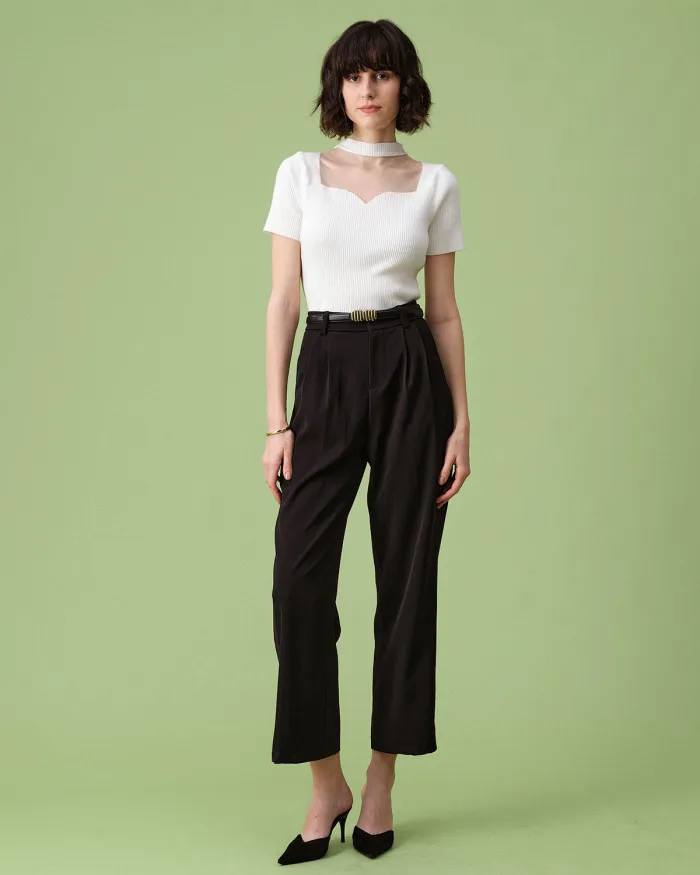 The White Mock Neck Cutout Short Sleeve Knit Top
