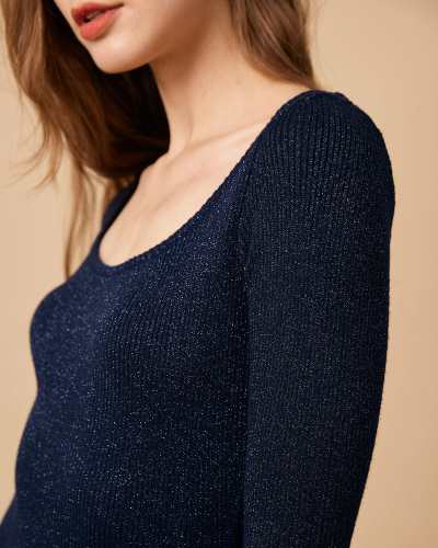 The Blue Round Neck Slit Long Sleeve Sweater Dress