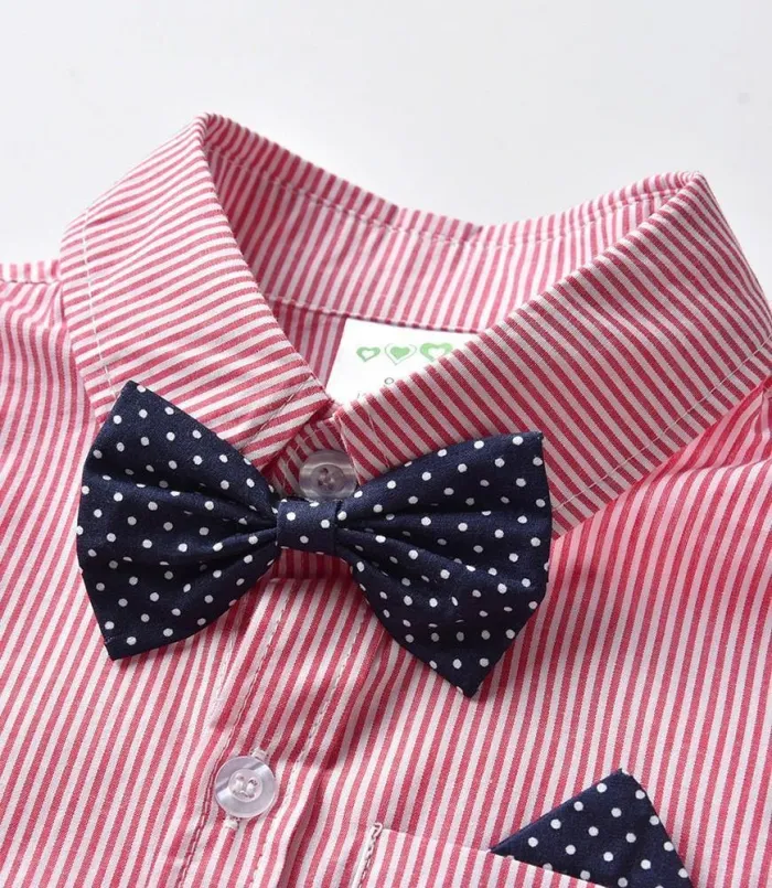Boys Outfit Set Pink Cotton Shirt With Bow Tie N Khaki Suspender Pants