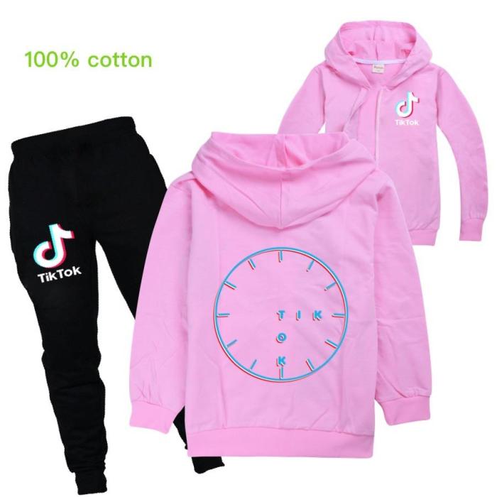 Clock Tik Tok Print Boys Girls Cotton Zip Up Hoodie And Sweatpants Set