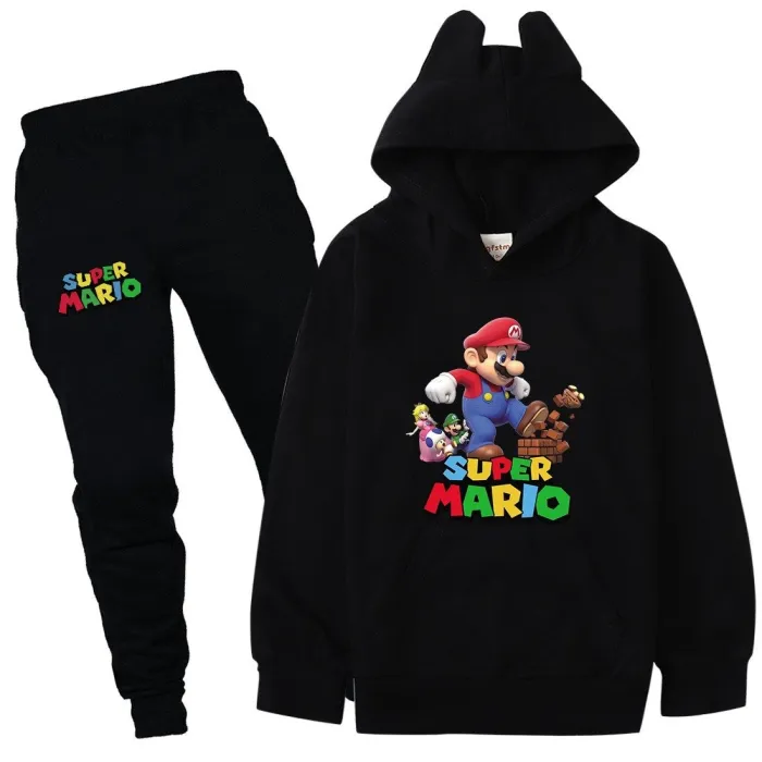 Super Mario Print Girls Boys Cotton Sweatshirt And Pants Set Tracksuit