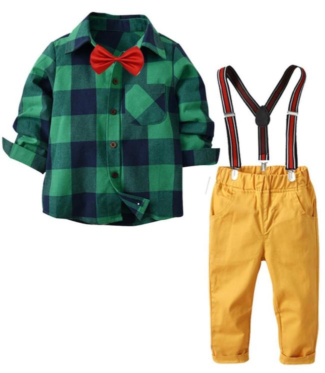 Green Cotton Shirt With Bow Tie And Yellow Suspender Pants Boys Outfit