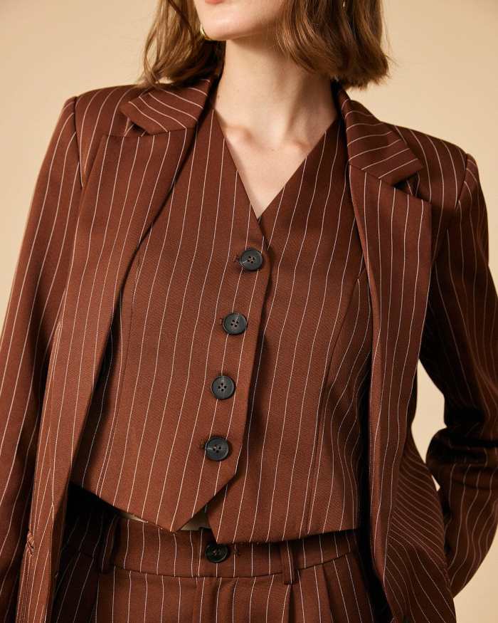 The Brown V Neck Striped Single-Breasted Vest