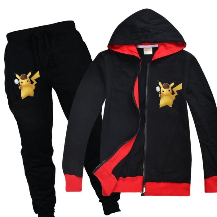 Boys Girls Detective Pikachu Cotton Hoodie And Sweatpants Outfit Set