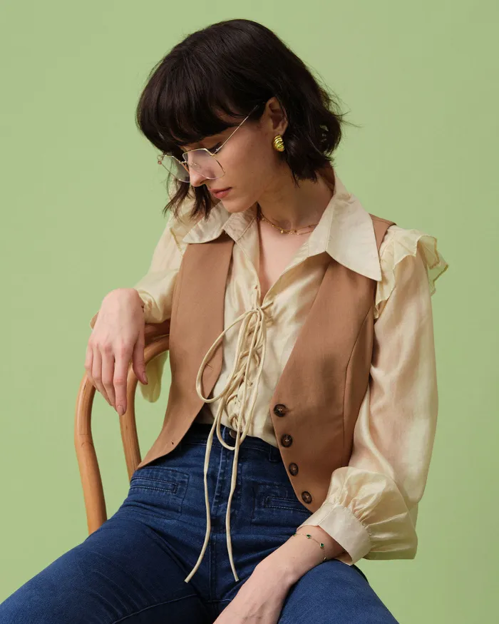 The Beige Lapel Tie Front Long Sleeve Blouse
