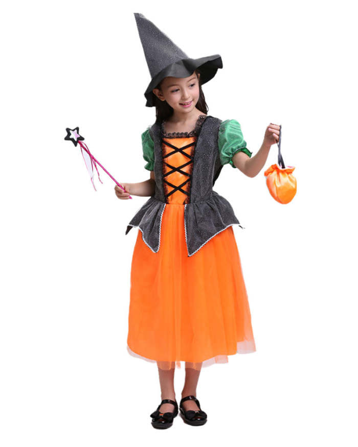 Girls Pumpkin Witch Dress Kids Halloween Cosplay School Play Costume