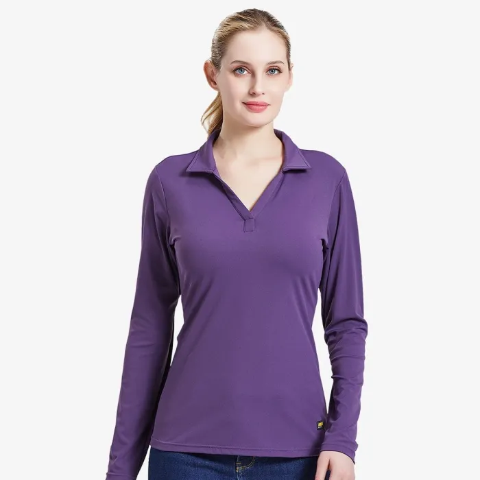 Women Polo Shirt Long Sleeve Golf Top Collared V Neck T-Shirt