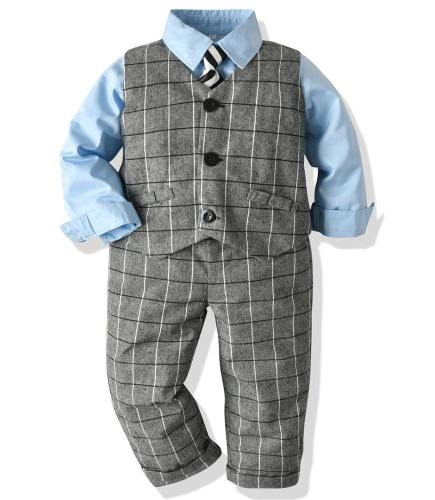 Boys Outfit Set Cotton Shirt Grey Checked Waistcoat And Pants Suit