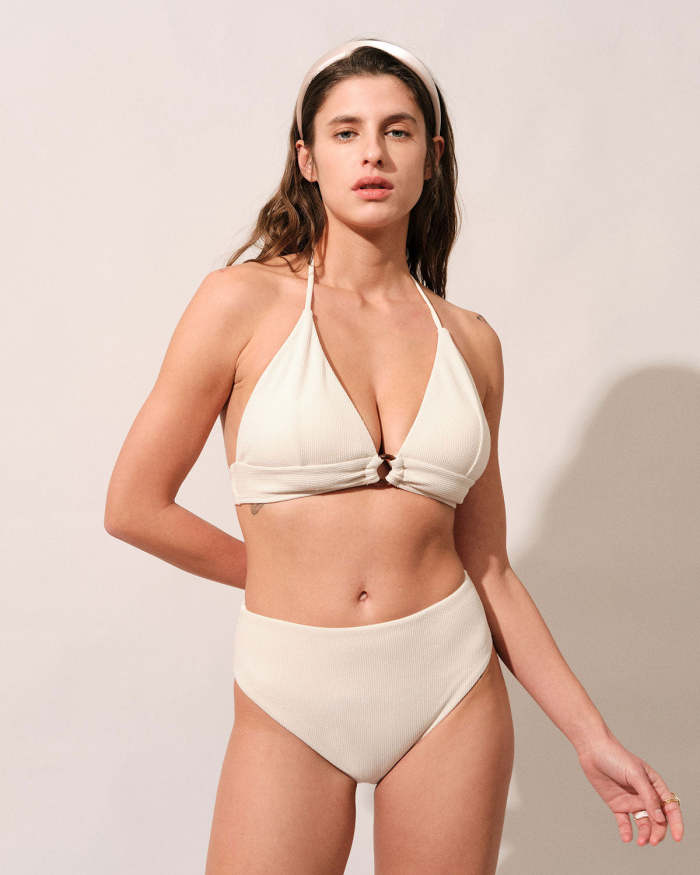 The Beige Textured Halter Bikini Set