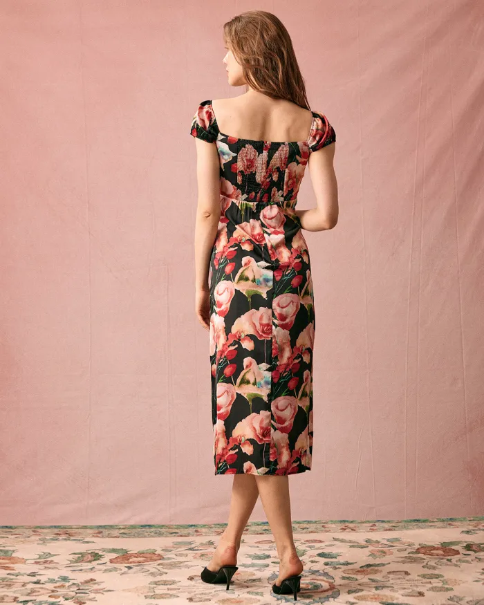 The Square Neck Floral Shirred Midi Dress