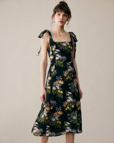 The Black Tie Strap Floral Midi Dress