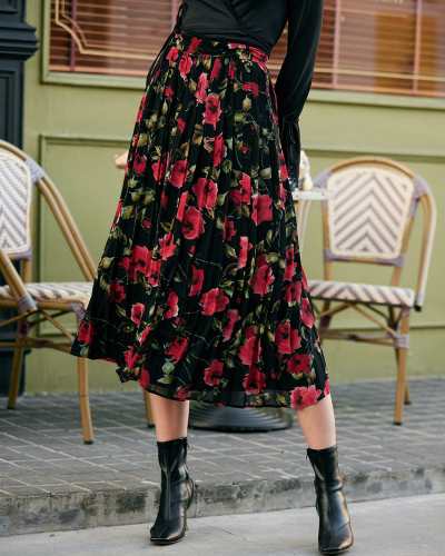 The Floral High Waisted Pleated Midi Skirt