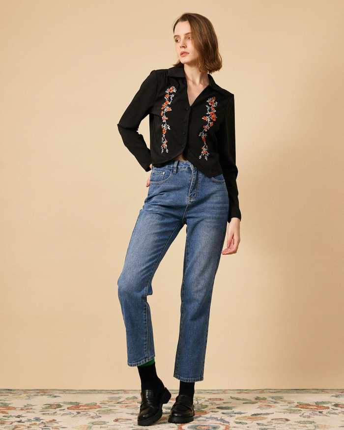The Black Collared Floral Embroidery Blouse