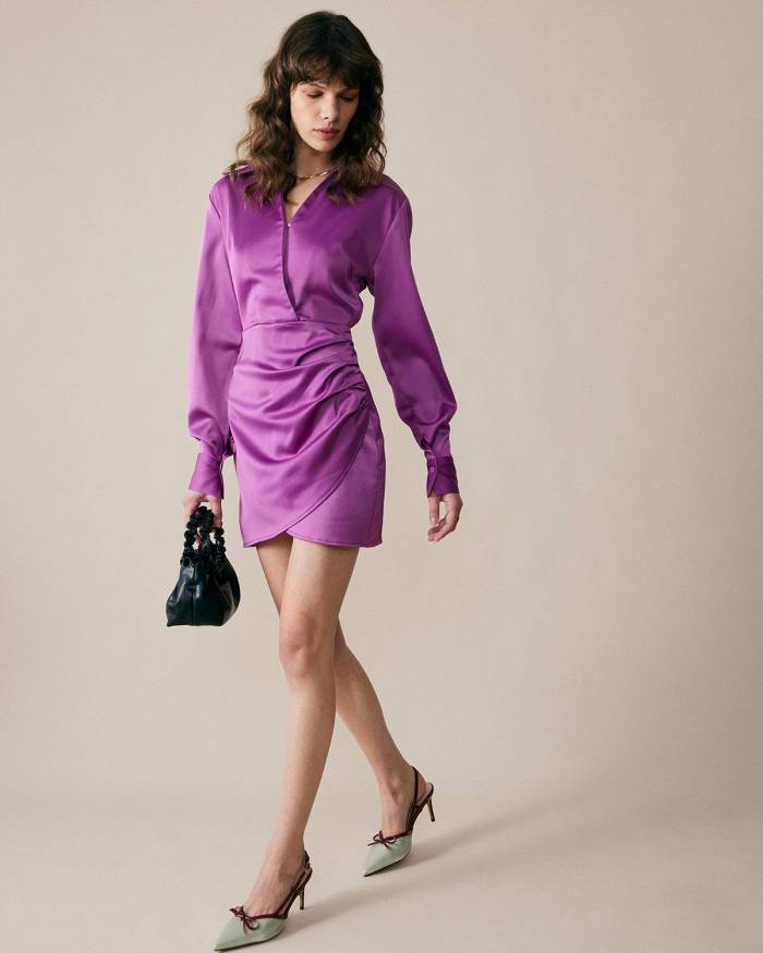The Overlap Ruched Satin Shirt Dress