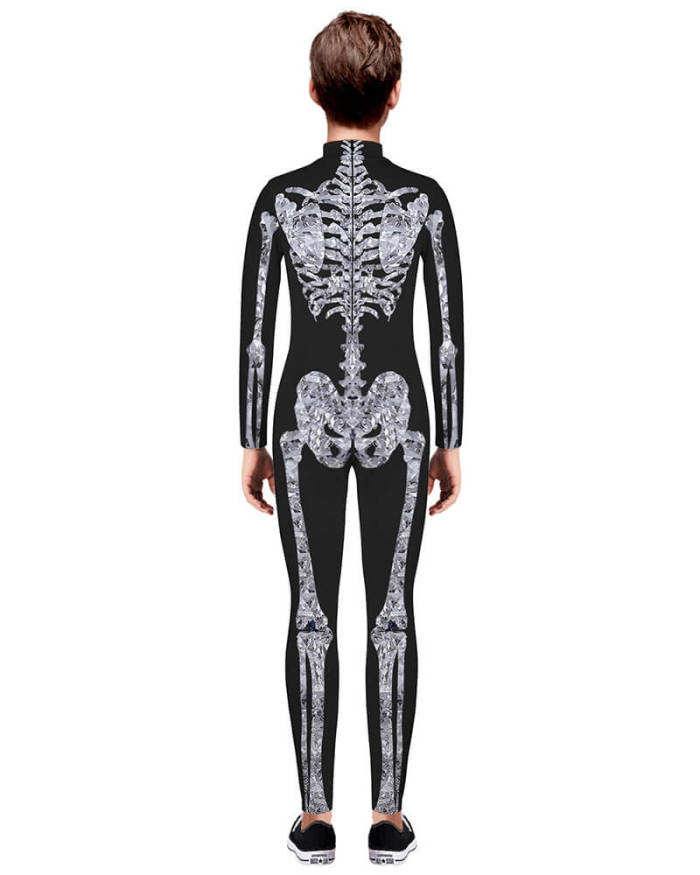 Boys Girls Crystal Skeleton Catsuit Kids Halloween Party Costume