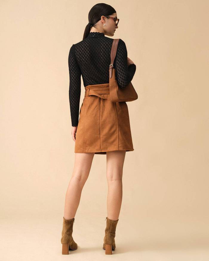 The Solid High Waisted Belted Suede Skirt