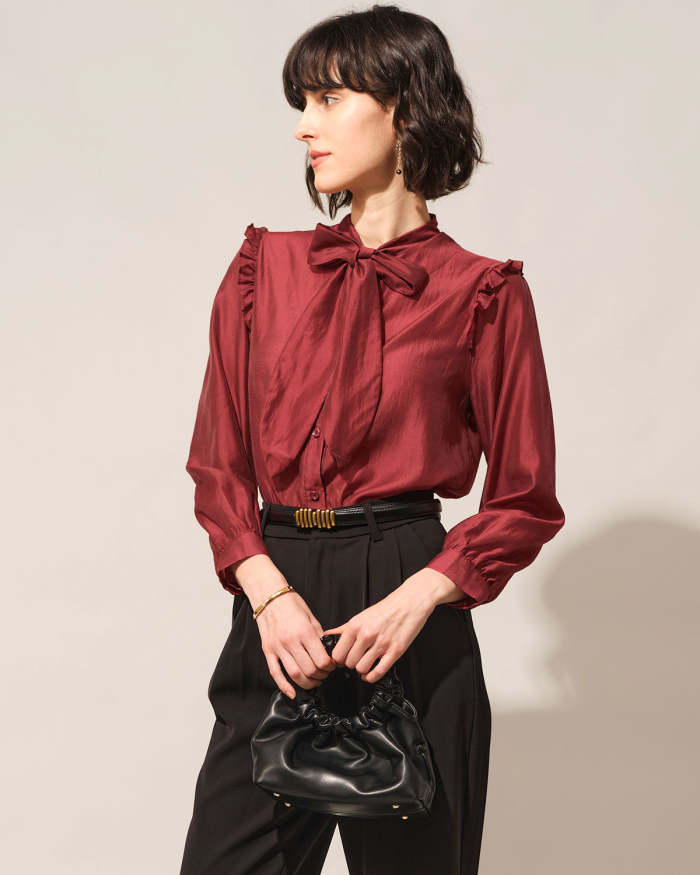 The Red Tie Neck Ruffle Long Sleeve Sheer Blouse