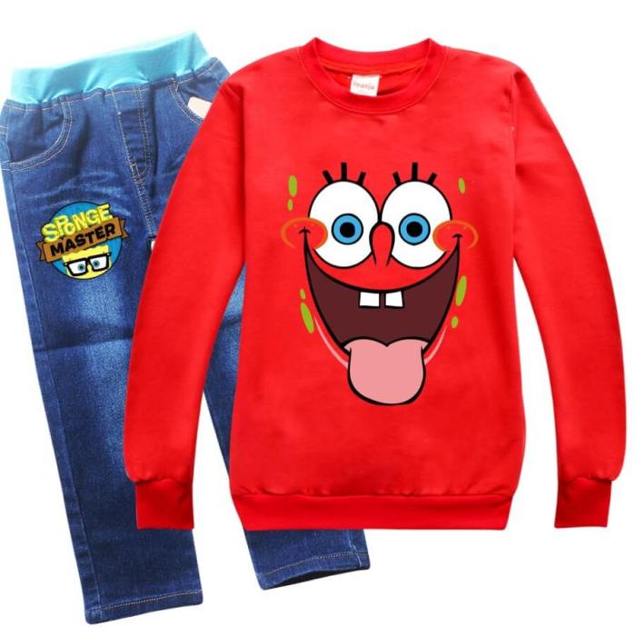 Spongebob Print Girls Boys Pullover Hoodie And Jeans Outfit Sets